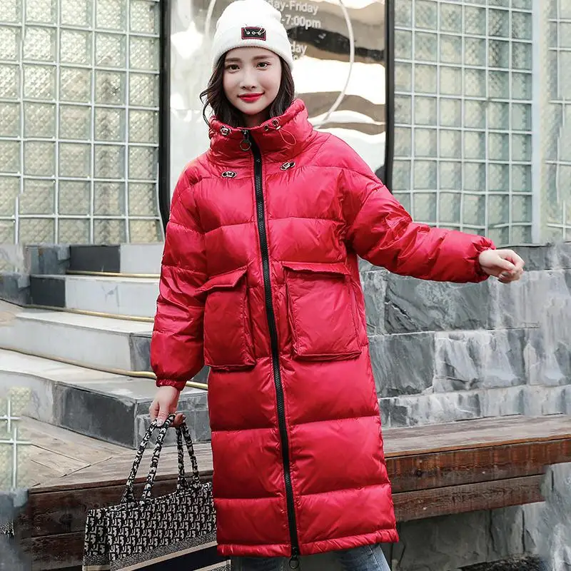 Ly Varey Lin Women Long Down Coat Winter Warm White Duck Down Parka Stand Collar Zipper Outwear Red Black Big Pocket Down Coat - Цвет: Red