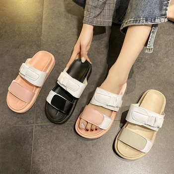 

EOEODOIT Women Slippers Flat Heel Platform Sandals Casual Summer Leather Drags Outside Beach Holiday Shoes Slides Female Flats