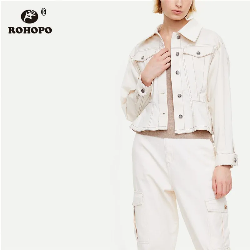

ROHOPO Cotton Fabric White Motorcycle White Jacket Top Pockets Flarem Hem Discover Thread Autumn Woman Solid Outwear #6161