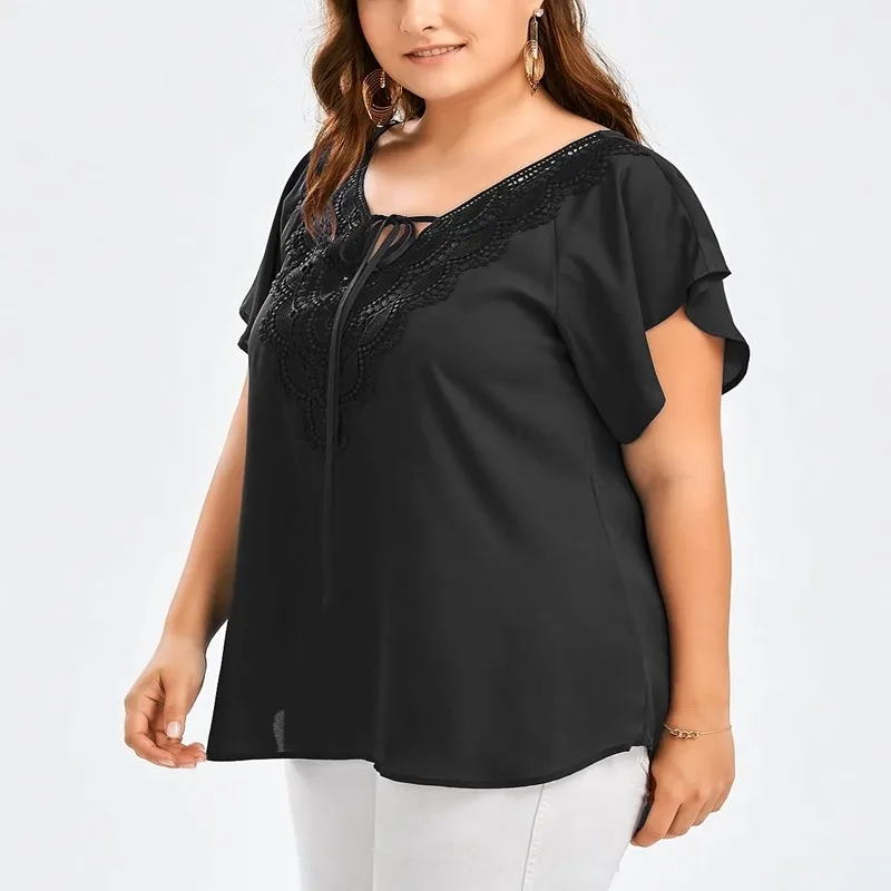 Летние Новые Большие размеры 4XL 5XL 6XL 7XL 8XL v-образный вырез и юбка-годе рукав короткий рукав Футболка кружевная строчка рубашка женская бюст 131 см - Цвет: Черный