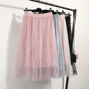 

Women Skirts Solid Color Leaf Embroidered Mid-Calf Skirt Soft Lace Elastic Waist Pleated Long Tulle Skirt