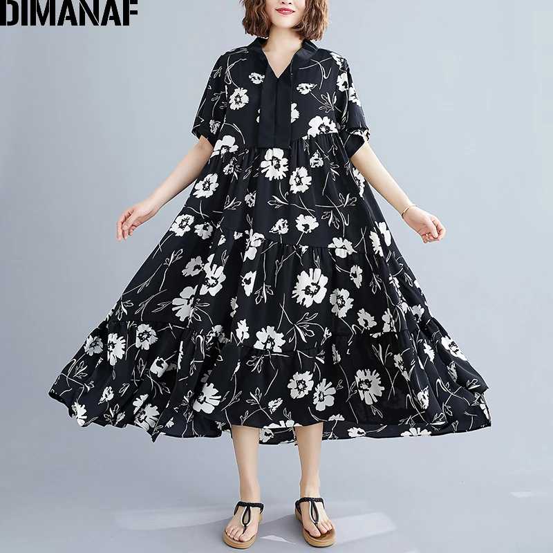 

DIMANAF Summer Plus Size Dress Chiffon Floral Print Women Clothing Elegant Fashion Lady Vestidos Sundress Loose A-Line Pleated