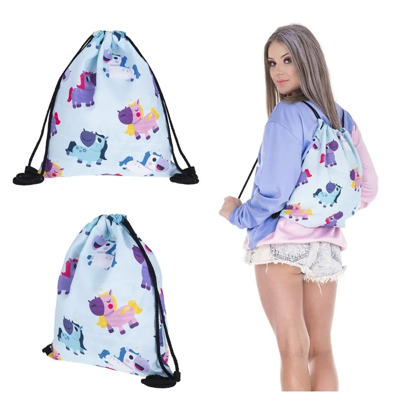 

Europe And America Hot Sales 3D Digital Printing Drawstring Bag Unicorn Shopping Storage Drawstring Top Drawstring Backpack