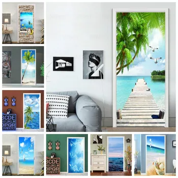 

Beach Sea View Door Sticker 3D PVC Self-Adhesive Waterproof Wallpaper Paste Living Room Bathroom Wall Decal Toilet Door Stickers