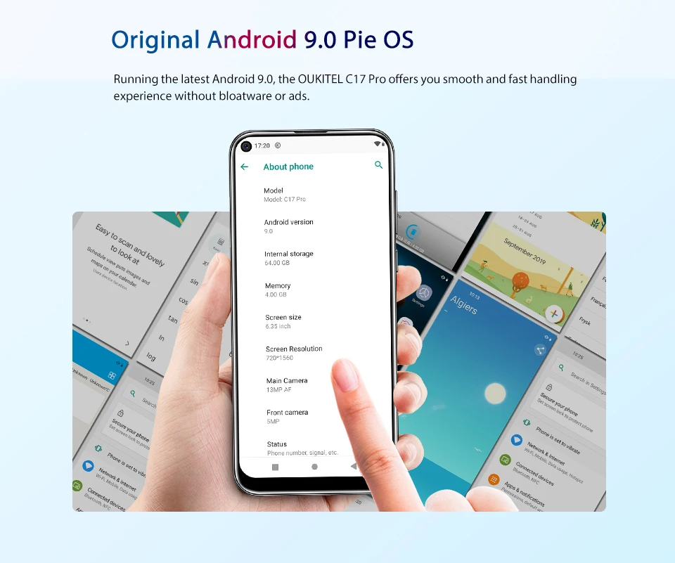 OUKITEL C17 Pro 4G 64G смартфон 6,3" 19:9 глухих отверстий Android 9,0 мобильный телефон Восьмиядерный Тройная задняя камера отпечаток лица