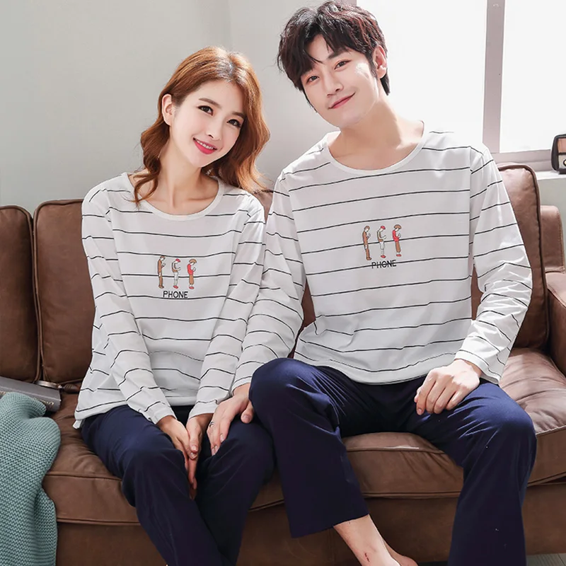 autumn couple pajamas pure cotton long sleeved spring and autumn pajamas two-piece suit