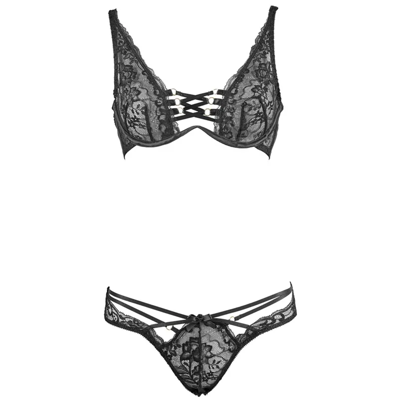 

Luxury Black Lace Underwire Bondage Push Up Transparent Bra Low-waist Panty Plus Size Lingerie Set Intimates Lingerie Women