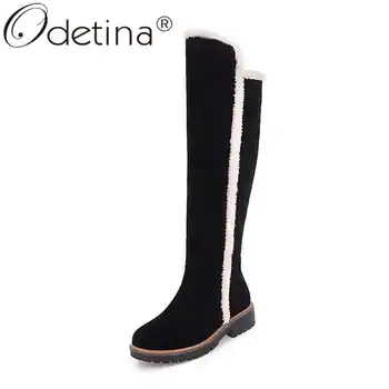 

Odetina Women FashionKeep Warm Block Mid Heel Knee High Boots Ladies Retro Round Toe Side Zipper Winter Faux Suede Snow Boots