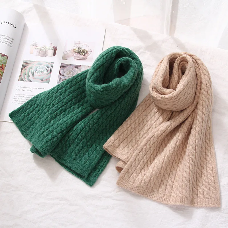 Beige Green Winter Thick Warm Knit Children's Scarf Korean Twist Short Ladies Blue Scarves Beige Khaki Green Gray Foulard Femme