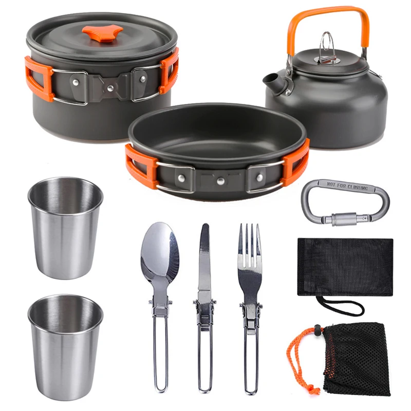 

Camping Cookware Kit Outdoor Aluminum Cooking Set Tableware Cooking Utensils Pan Set With Foldable Knife Fork Water Kettle