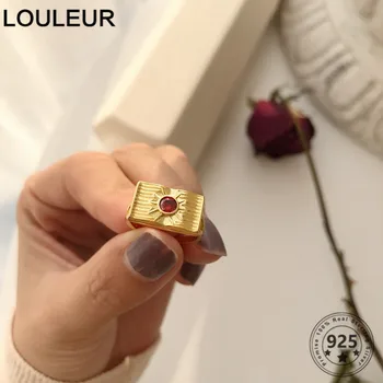 

LouLeur Real 925 Sterling Silver Rings Wide Punk Square Bar Shinny Golden Sun Ring for Men&women With Red Zircon CZ Stones