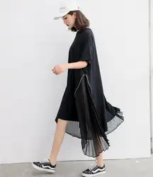 Двустороннее Плиссированное шифоновое большого размера платье женское 2019 новый стиль свободный крой средней длины короткий рукав