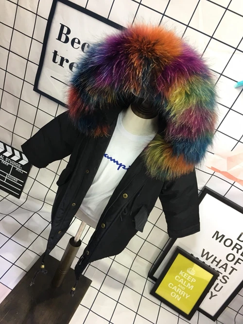 Black Colorful Fur Детская куртка-пуховик на утином пуху до 30 градусов зимнее пальто для мальчиков и девочек куртка с капюшоном из меха енота верхняя одежда для девочек, пуховая парка От 4 до 12 лет, TZ430 - Цвет: Black Colorful Fur