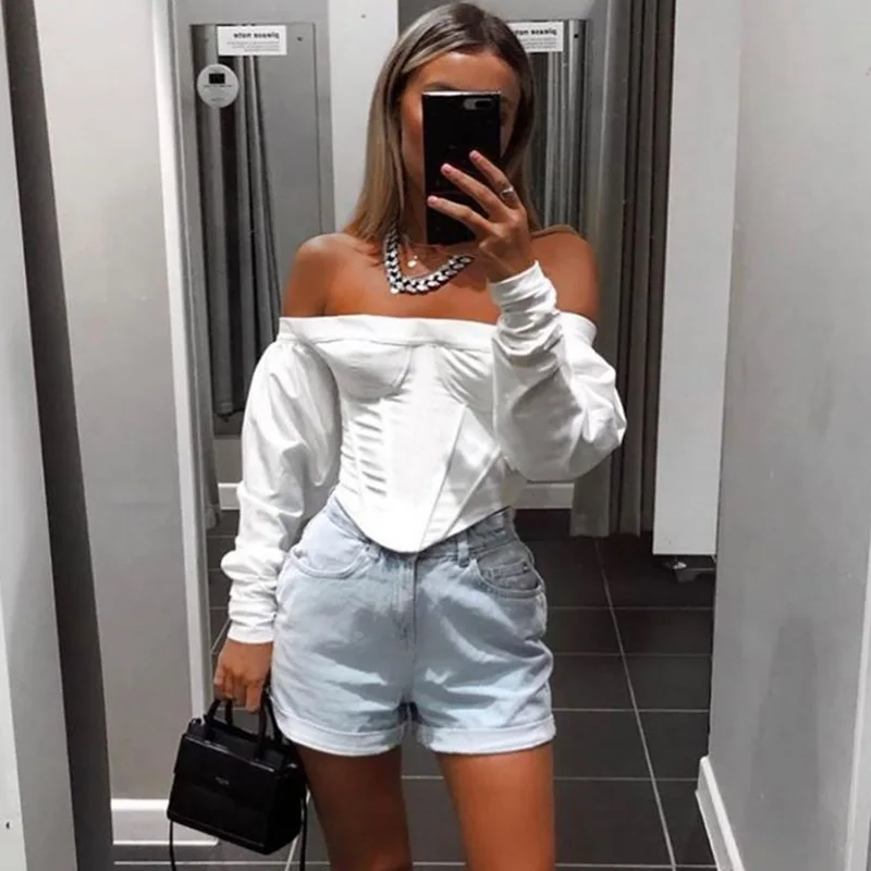 

Off-the-shoulder Solid Cropped Blouses Women Vintage Sexy Backless Autumn Shirts Ladies Long Sleeve Tee Shirts cwa0209-5