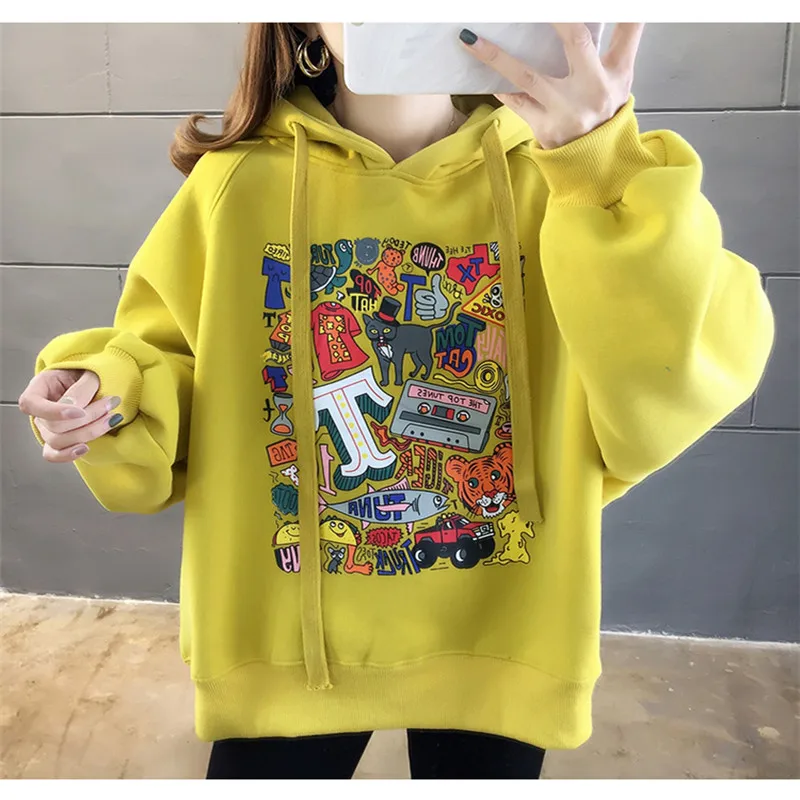 Цвет: желтый High Street Knit Hooded Letter Lady Fleece Pullovers Ins Style Add Velvet Thick Woman Hoodies Autumn Winter Clothes - Цвет: Цвет: желтый