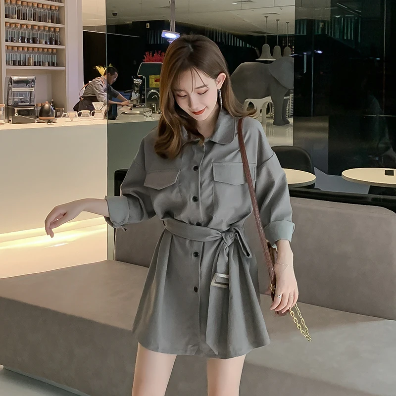 

Long Sleeve Tooling Shirt Dress Female 2019 Autumn New Tie Waistband Suit Collar Slim Korean Style Women's Loose Dress Jacket