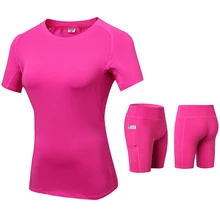 Летняя спортивная футболка для фитнеса или шорты для бега, йоги, обтягивающие спортивные костюмы для женщин, Стрейчевые быстросохнущие комплекты одежды с карманами, компрессионный костюм