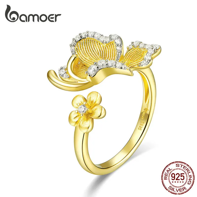 Женское кольцо с бабочкой bamoer Золотое регулируемым цветком из настоящего