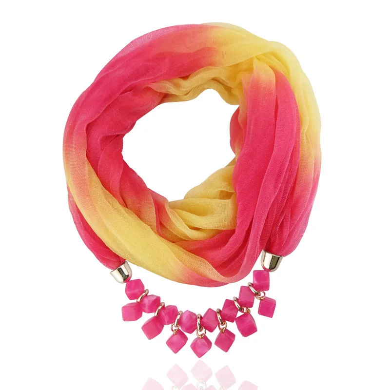 Hcd7a6b80ac6c40588e77e707d595f193t Fashion Lady Gradient Color Silk Scarf Ring Simple Bead Pendant Necklace Ring Scarf Multi-style Lady Muslim Head Scarves Hijabs Mallzona