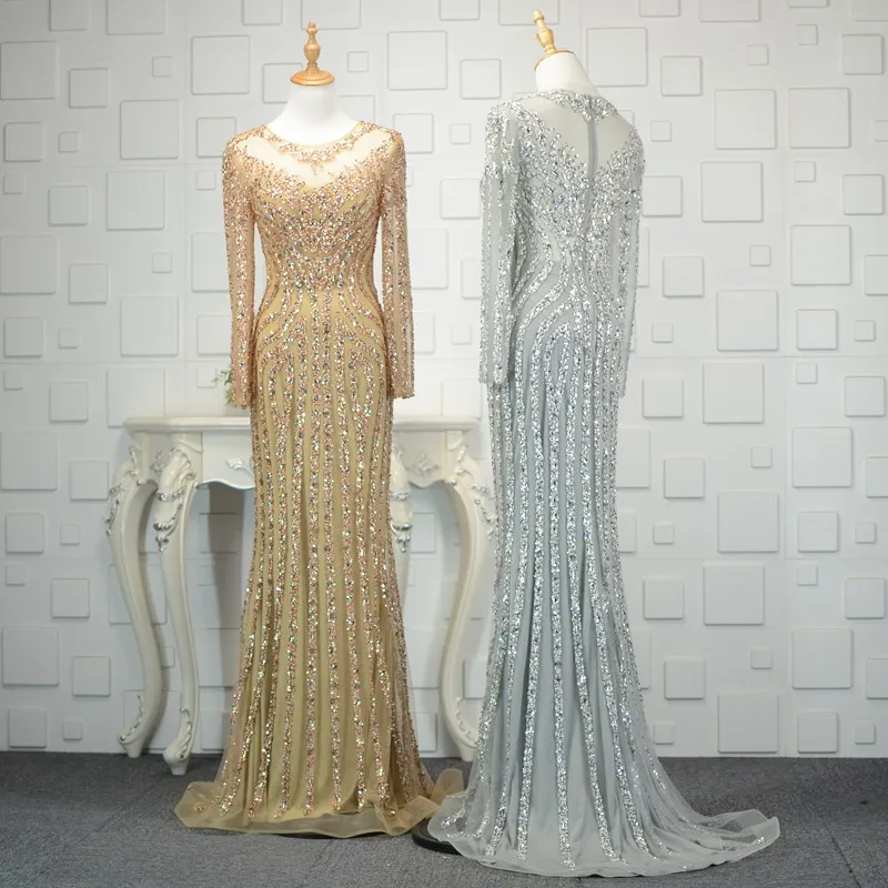 Готовое к отправке Золотое серебряное роскошное жемчужное вечернее платье Русалка с длинным рукавом торжественное платье