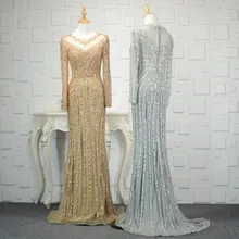 Готовое к отправке Золотое серебряное роскошное жемчужное вечернее платье Русалка с длинным рукавом торжественное платье