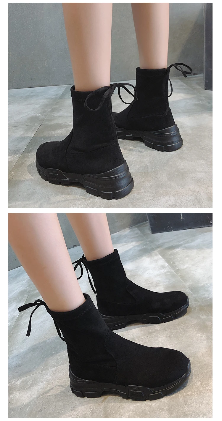 Bootee/женские осенние ботинки г. Брендовая женская обувь модные элегантные сапоги до середины икры на плоской подошве, с круглым носком, на шнуровке, на резиновой подошве