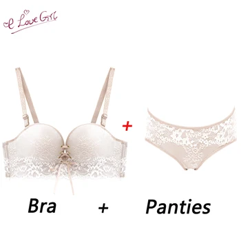 

E lovegirl Bra + Panties No Trace No Steel Ring Lace Trim Bra Set Wedding Dress Half Cup Small Breast Bandage Pull B Underwear