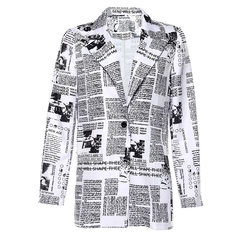 Echoine Women blazer Personality newspaper print long-sleeved suits collar casual loose small jacket female tweed autumn winter - Цвет: Белый