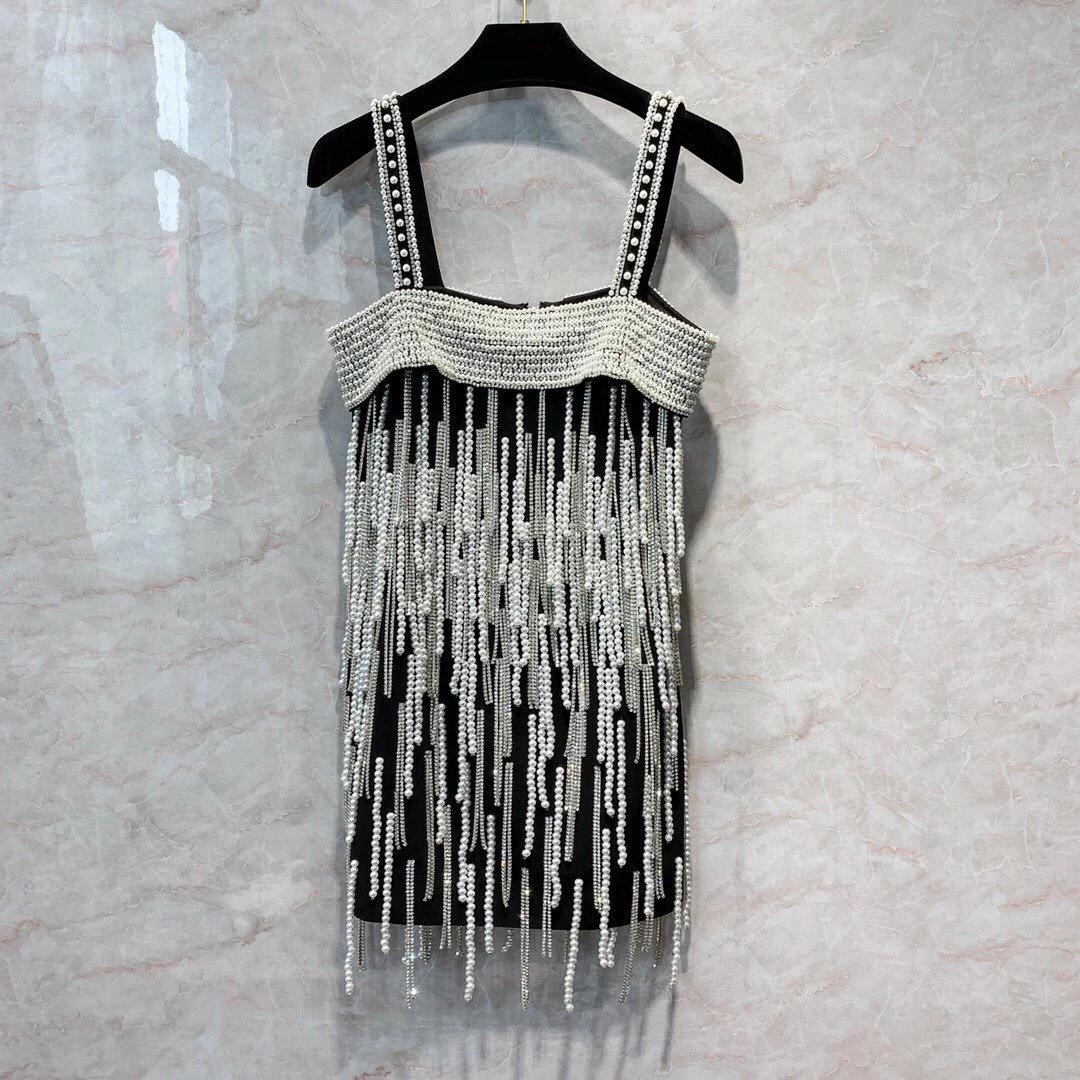 Cakucool Runway Design heavy pearls beading tassels slip dress sexy party spaghetti strap mini summer jurken zomer 2020 | Женская одежда