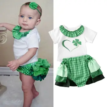 

pudcoco 2020 2PCS St Patrick's Day Toddler Baby Girl Short Sleeve Tops Clover Skirts Suit Clothes Sets 0-18M