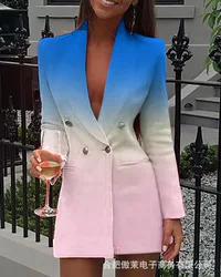 Senhoras impresso manga longa lapela magro vestido profissional senhoras blazer