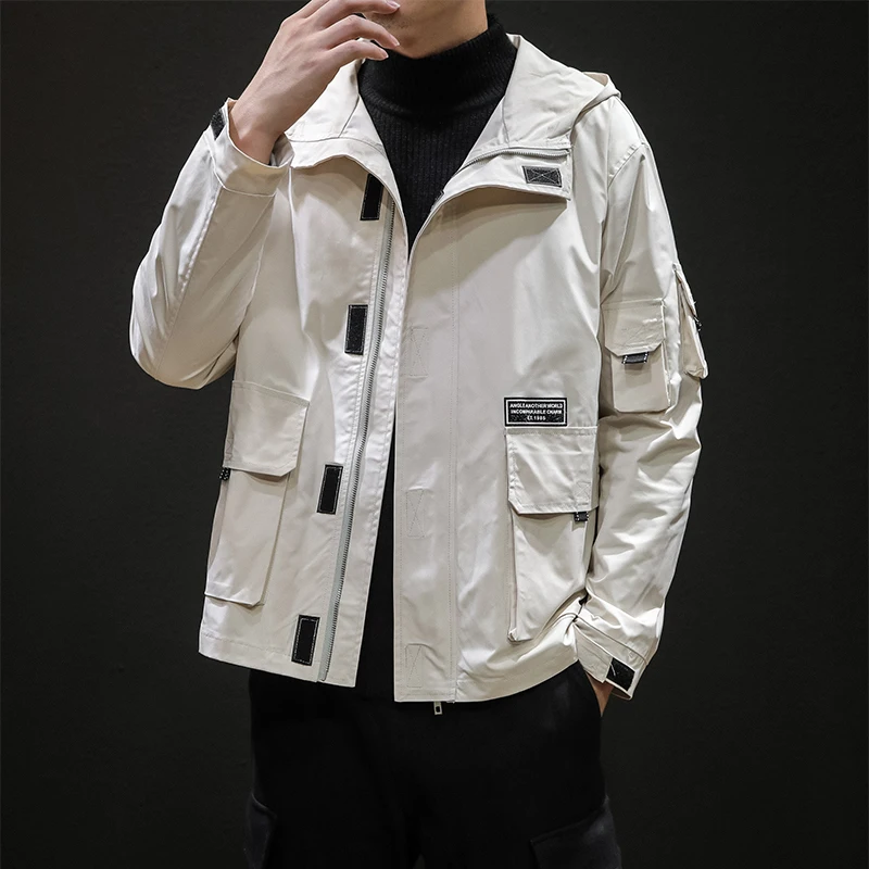 

2019 Autumn And Winter Men's New Casual Solid Color Large Pocket Tooling Zipper Hooded Jacket Loose Temperament Trend Cotton