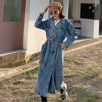 

Autumn new cowboy windbreaker women's long coat trench students loose college windport flavor coats