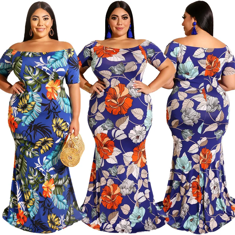 

Summer Womens Party Dress Short Sleeve Digital Print Off-the Shoulder Sexy Slash Collar Tight Fitting Bag Hip Plus Size Dress