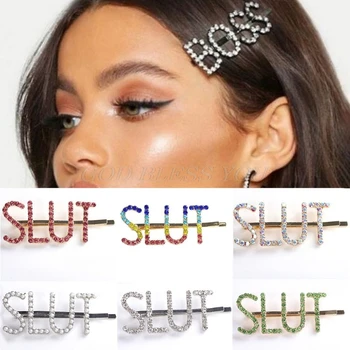 

5Pcs Novelty Slut Capitalized English Letter Hairpin Glitter Colorful Rhinestone Womens Hair Clips Party Club Side Bang Barrette