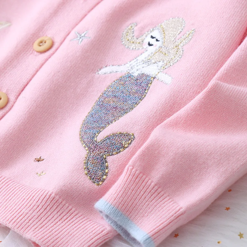 Autumn Girls Sweater Embroidery Cardigans Toddler Girls Jumper Knitwear Childrens Long-Sleeve Cartoon Mermaid Kids Sweater Coat