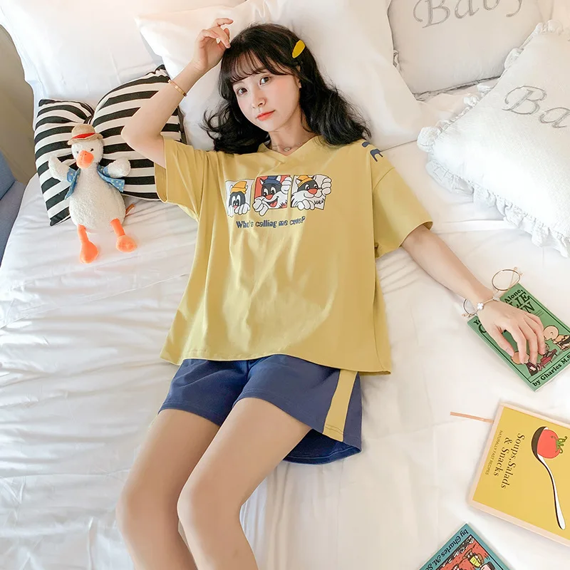 

Pajamas Women's Summer Pure Cotton Short Sleeve Korean-style Students Cute Cat Two-Piece Set Sweet Thin-Outer Wear Tracksuit