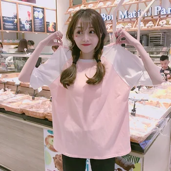 

2020 New Summer Preppy Style Kawayii Splicing Women T-shirt Loose Oversize Polytster Casual Tee Shirt Femme Free Shipping