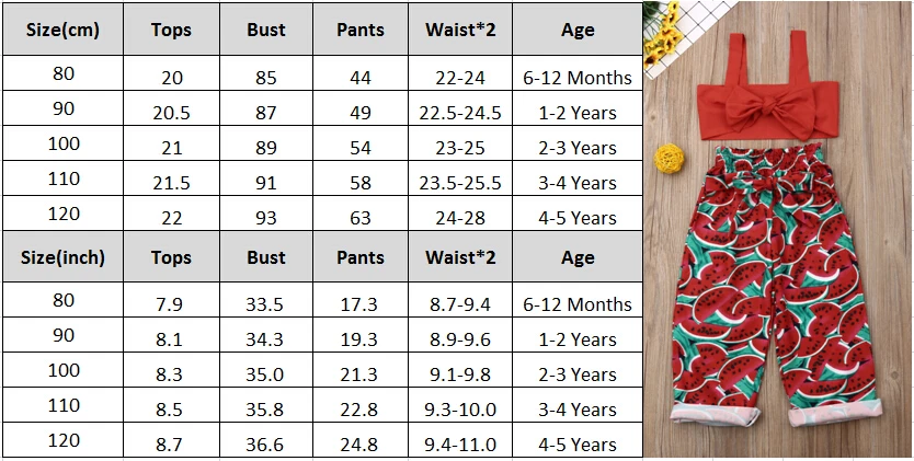 Топ без рукавов для маленьких девочек, штаны с бантом, пляжный костюм, одежда с арбузами, комплект