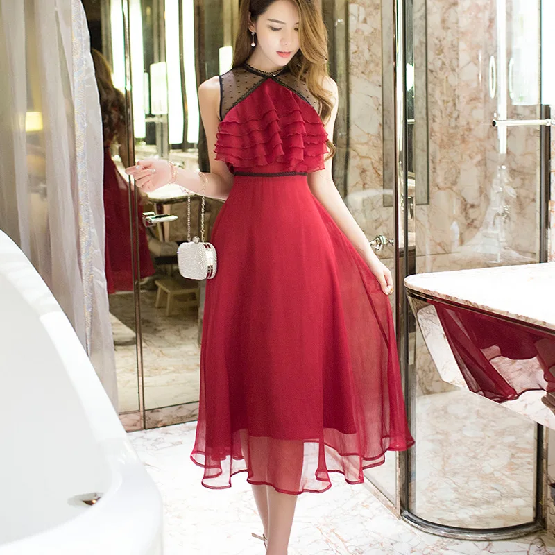 

Banquet Formal Dress 2019 New Style Summer Sexy Gauze Joint Flounced Chiffon Mid-length Dress Women's