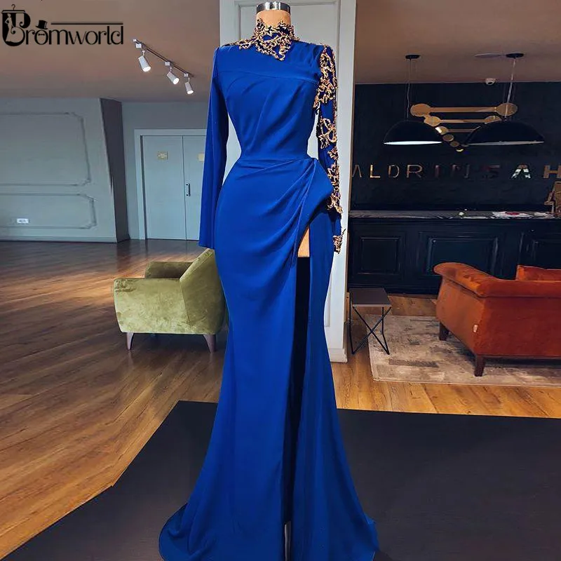 Настоящая фотография, королевское синее платье русалки для выпускного вечера, вечернее платье с длинным рукавом и высокой горловиной,, платье с высоким разрезом, Золотое кружево, вышитое бисером, официальное вечернее платье - Цвет: royal blue