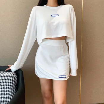 

YYXZ Woman Sets Autumn Fashion Loose Print Arrows Long Sleeve O-neck Thin Fabric Young Woman Casual Sweatshirts & Mini Skirt