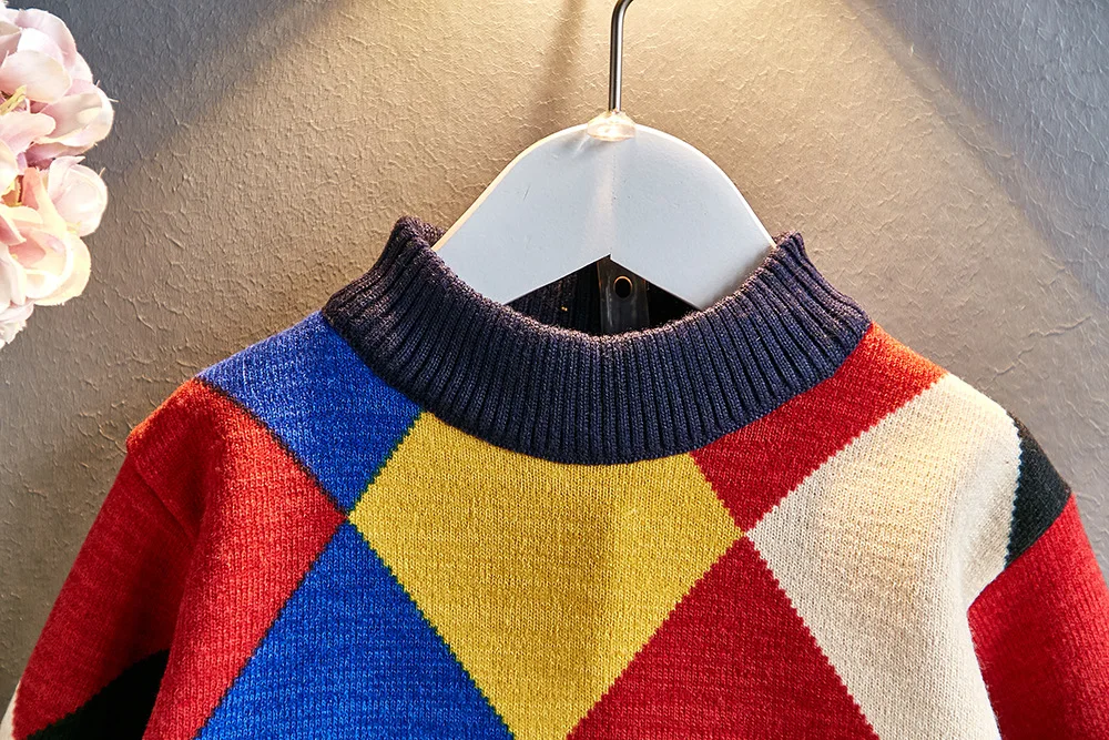 Boys' Sweater Autumn And Winter New Style Korean-style jia rong Sweater Square Lines Pullover Base Shirt Sweater