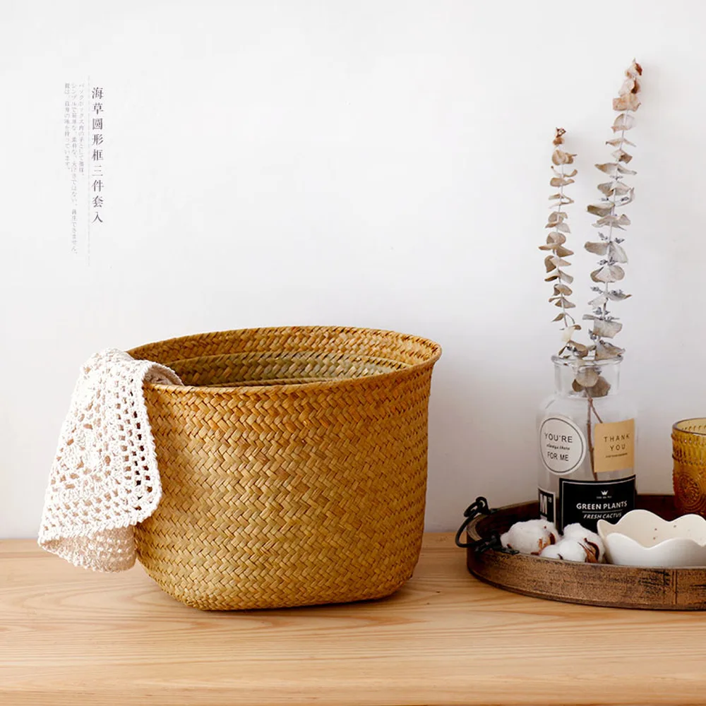 Handmade Bamboo Storage Baskets Laundry Straw Patchwork Wicker Rattan Seagrass Belly Garden Decoration Planter Basket Wy10224