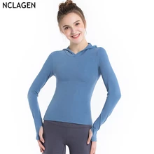Женская спортивная одежда NCLAGEN, рубашка для йоги с капюшоном и длинными рукавами, двухсторонняя спортивная одежда, сексуальный Быстросохнущий дышащий Топ для тренировок и фитнеса