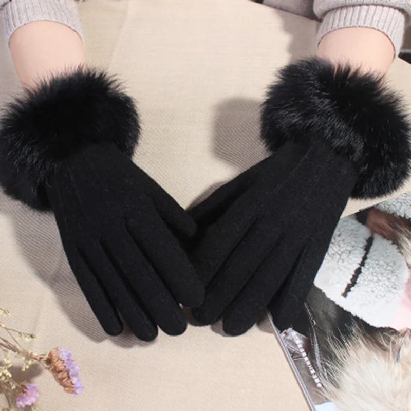 Перчатки из кроличьего меха женские зимние Бархатные Утепленные Рукавицы из кашемира с вышивкой на пальцах шерстяные перчатки для вождения с сенсорным экраном H65 - Цвет: H65 Black