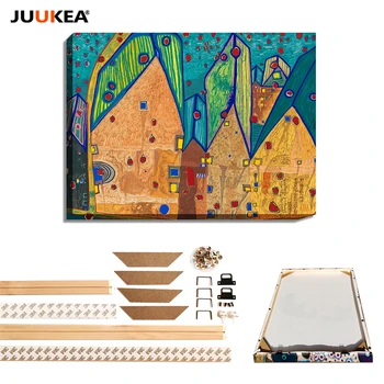 

Friedensreich Hundertwasser Architectural Artist Hauser in Blutregen Canvas Painting Print Natural Wood DIY frame home decor