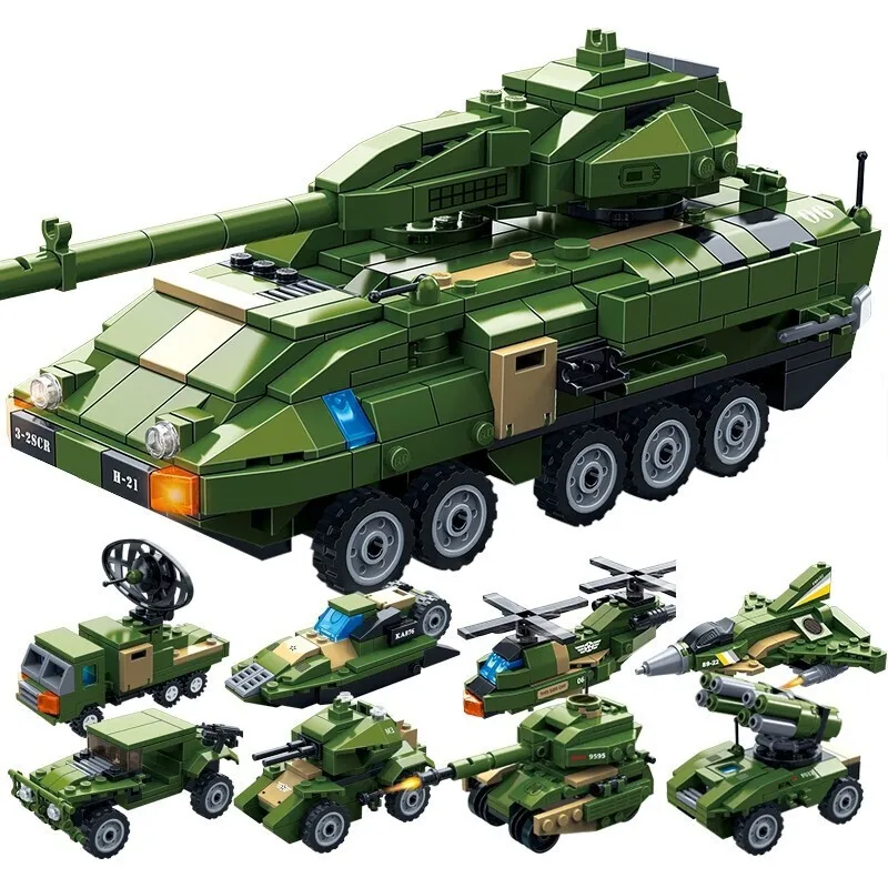 

8Pcs/lot Stryker Armored Fighting Vehicle Tank Building Blocks Sets Military Army WW2 DIY Creator Bricks Kids Toys