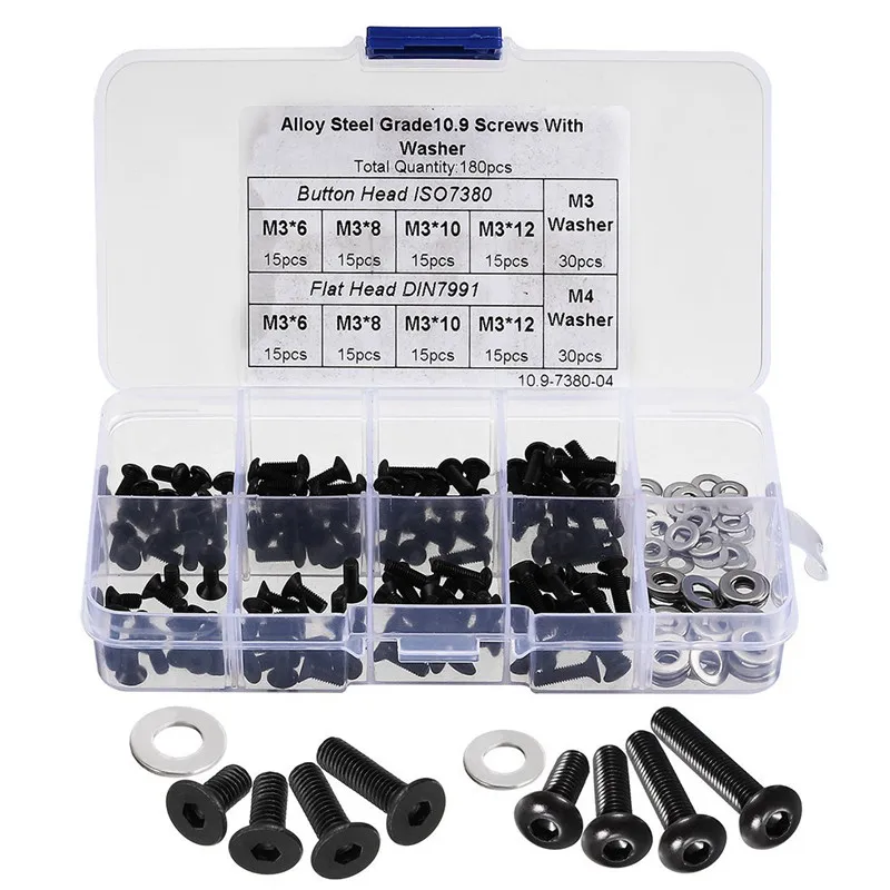 

180pcs Alloy Steel M3 Hex Socket Button Head Flat Heat Screw M3 M4 Washer Assortment