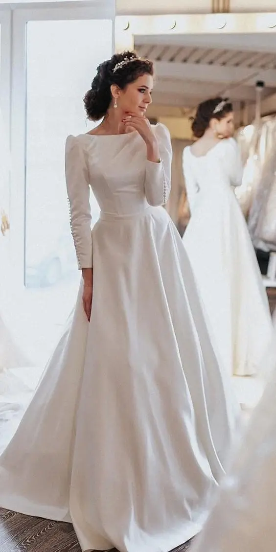 E JUE SHUNG белые атласные скромные свадебные платья трапециевидной формы с длинными рукавами Свадебные платья невесты